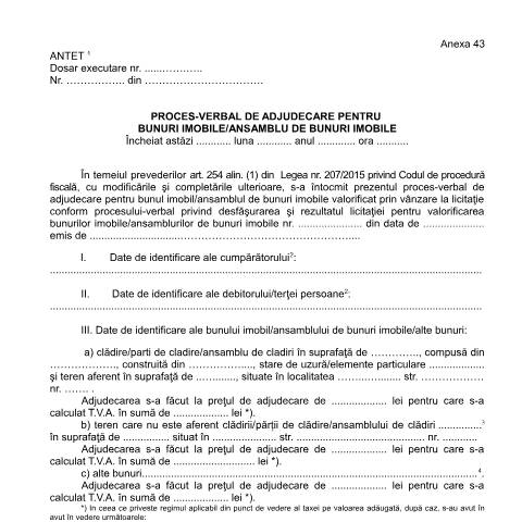 Document preview: Proces-verbal de adjudecare pentru bunuri imobile/ansamblu de bunuri imobile (OPANAF 63/2017) — Documente emise, România (CERFA n°A43_OPANAF_63_2017)