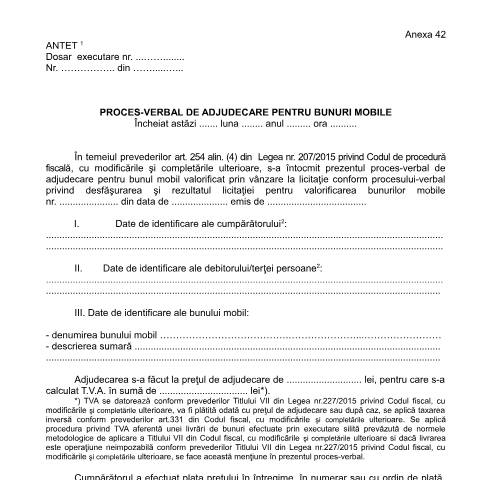 Document preview: Proces-verbal de adjudecare pentru bunuri mobile (OPANAF 63/2017) — Documente emise, România (CERFA n°A42_OPANAF_63_2017)
