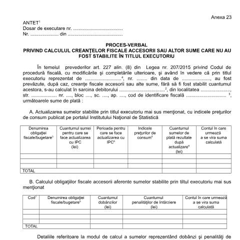 Document preview: Proces-verbal privind calculul creanțelor fiscale accesorii sau altor sume care nu au fost stabilite în titlul executoriu (OPANAF 63/2017) — Documente emise, România (CERFA n°A23_OPANAF_63_2017)