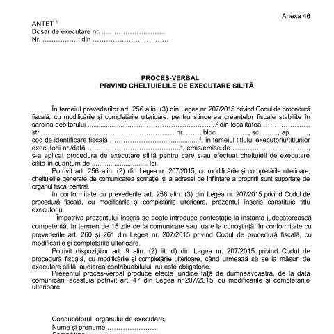 Document preview: Proces-verbal privind cheltuielile de executare silită (OPANAF 63/2017) — Documente emise, România (CERFA n°A46_OPANAF_63_2017)
