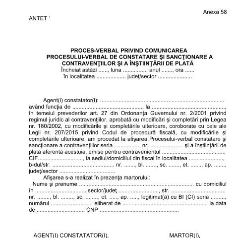 Document preview: Proces-verbal privind comunicarea procesului-verbal de constatare și sancționare a contravențiilor și a înștiințării de plată (OPANAF 63/2017) — Documente emise, România (CERFA n°A58_OPANAF_63_2017)