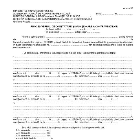 Document preview: Proces-verbal de constatare și sancționare a contravențiilor (OPANAF 63/2017) — Documente emise, România (CERFA n°A57_OPANAF_63_2017)