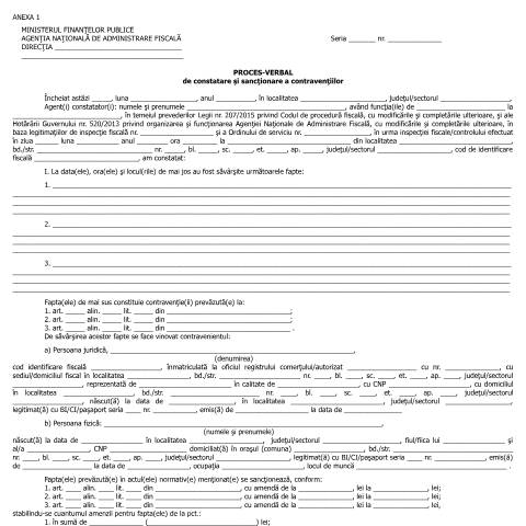 Document preview: Proces-verbal de constatare și sancționare a contravențiilor (OPANAF 1094/2016) — Documente emise, România (CERFA n°A1_OPANAF_1094_2016)