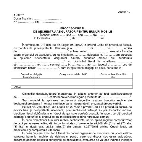 Document preview: Proces-verbal de sechestru asigurător pentru bunuri mobile (OPANAF 63/2017) — Documente emise, România (CERFA n°A12_OPANAF_63_2017)