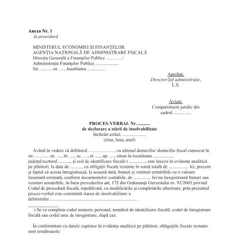 Document preview: Proces-verbal de declarare a stării de insolvabilitate (OMEF 447/2007) — Documente emise, România (CERFA n°A1_OMEF_447_2007)