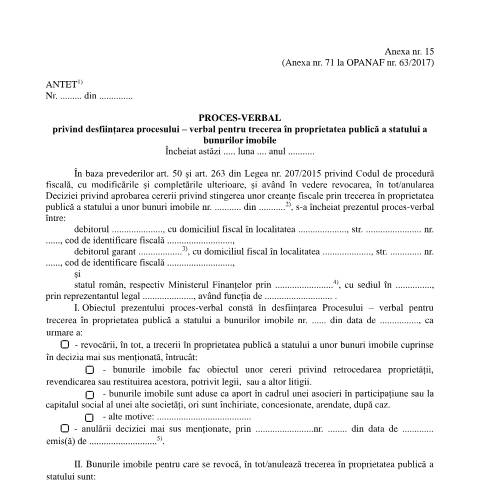 Document preview: Proces-verbal privind desființarea procesului-verbal pentru trecerea în proprietatea publică a statului a bunurilor imobile (OPANAF 6942/2024) — Documente emise, România (CERFA n°A15_OPANAF_6942_2024)