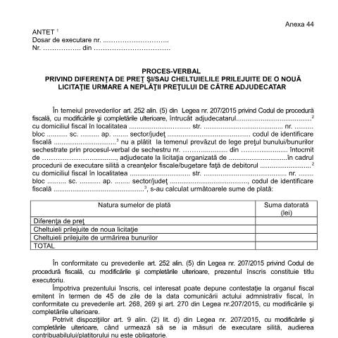 Document preview: Proces-verbal privind diferența de preț și/sau cheltuielile prilejuite de o nouă licitație urmare a neplății prețului de către adjudecatar (OPANAF 63/2017) — Documente emise, România (CERFA n°A44_OPANAF_63_2017)