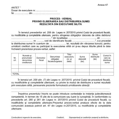 Document preview: Proces-verbal privind eliberarea sau distribuirea sumei rezultată din executare silită (OPANAF 63/2017) — Documente emise, România (CERFA n°A47_OPANAF_63_2017)