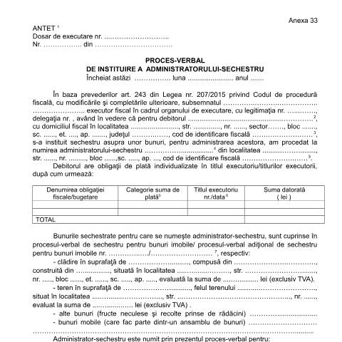 Document preview: Proces-verbal de instituire a administratorului sechestru (OPANAF 63/2017) — Documente emise, România (CERFA n°A33_OPANAF_63_2017)