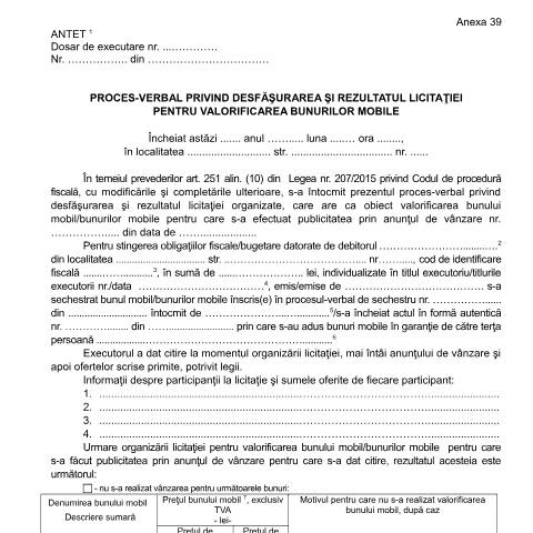 Document preview: Proces-verbal privind desfășurarea și rezultatul licitației pentru valorificarea bunurilor mobile (OPANAF 63/2017) — Documente emise, România (CERFA n°A39_OPANAF_63_2017)
