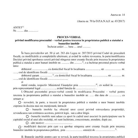Document preview: Proces-verbal privind modificarea procesului-verbal pentru trecerea în proprietatea publică a statului a bunurilor imobile (OPANAF 6942/2024) — Documente emise, România (CERFA n°A14_OPANAF_6942_2024)