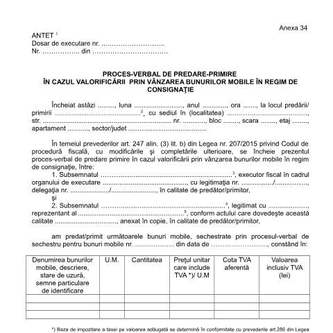 Document preview: Proces-verbal de predare-primire în cazul valorificării prin vânzarea bunurilor mobile în regim de consignație (OPANAF 63/2017) — Documente emise, România (CERFA n°A34_OPANAF_63_2017)