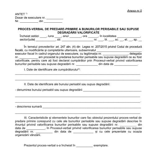 Document preview: Proces-verbal de predare-primire a bunurilor perisabile sau supuse degradării valorificate (OPANAF 1517/2017) — Documente emise, România (CERFA n°A5_OPANAF_1517_2017)