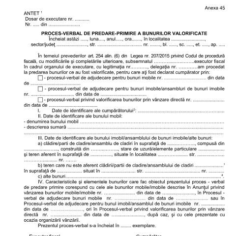 Document preview: Proces-verbal de predare-primire a bunurilor valorificate (OPANAF 63/2017) — Documente emise, România (CERFA n°A45_OPANAF_63_2017)