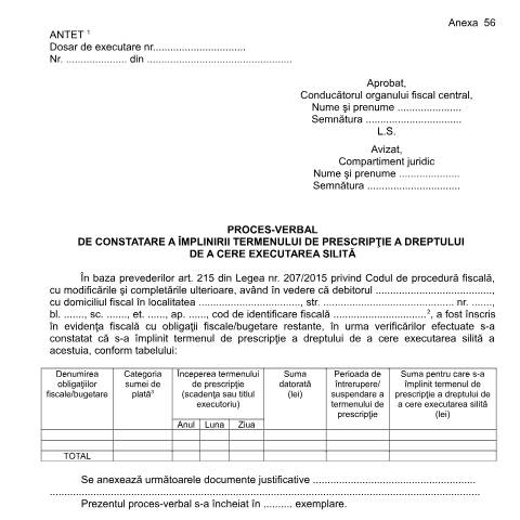 Document preview: Proces-verbal de constatare a împlinirii termenului de prescripție a dreptului de a cere executarea silită (OPANAF 63/2017) — Documente emise, România (CERFA n°A56_OPANAF_63_2017)