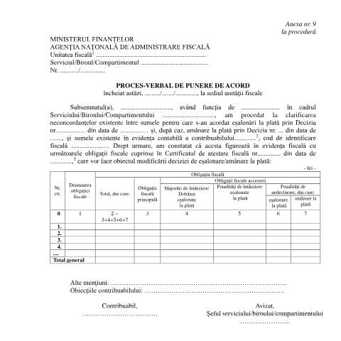 Document preview: Proces-verbal de punere de acord (OPANAF 1767/2021) — Documente emise, România (CERFA n°A9_OPANAF_1767_2021)