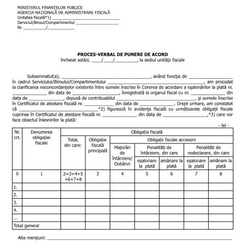 Document preview: Proces-Verbal de punere de acord (OPANAF 90/2016) — Documente emise, România (CERFA n°A10p_OPANAF_90_2016)