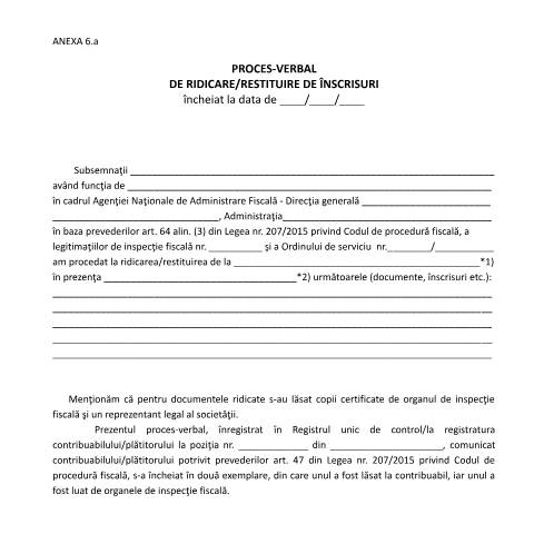 Document preview: Proces-verbal de ridicare/restituire de înscrisuri (OPANAF 3711/2015) — Documente emise, România (CERFA n°O3711_15_A6)