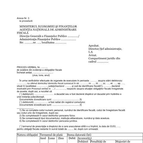 Document preview: Proces-verbal de scădere din evidență a obligațiilor fiscale (OMEF 447/2007) — Documente emise, România (CERFA n°A3_OMEF_447_2007)