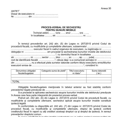 Document preview: Proces-verbal de sechestru pentru bunuri imobile (OPANAF 63/2017) — Documente emise, România (CERFA n°A30_OPANAF_63_2017)