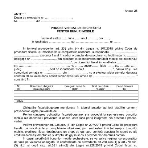 Document preview: Proces-verbal de sechestru pentru bunuri mobile (OPANAF 63/2017) — Documente emise, România (CERFA n°A28_OPANAF_63_2017)