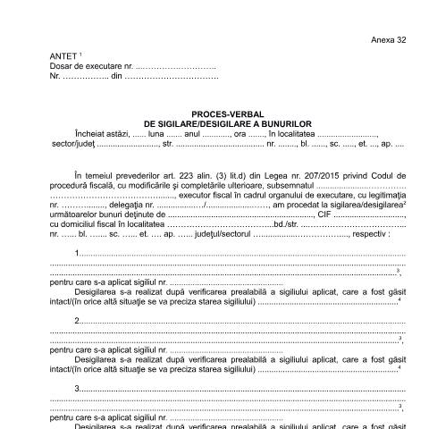 Document preview: Proces-verbal de sigilare/desigilare a bunurilor (OPANAF 63/2017) — Documente emise, România (CERFA n°A32_OPANAF_63_2017)