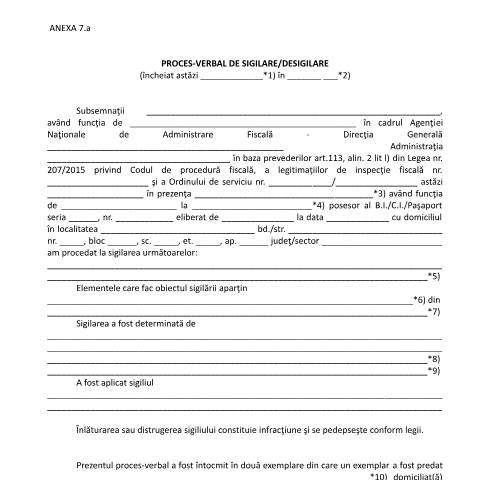 Document preview: Proces-verbal de sigilare/desigilare (OPANAF 3711/2015) — Documente emise, România (CERFA n°O3711_15_A7)