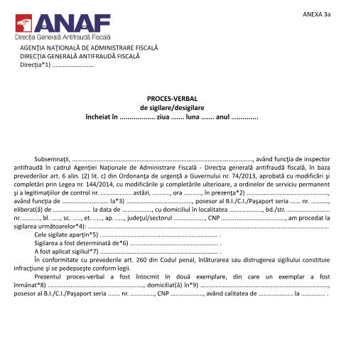 Document preview: Proces-verbal de sigilare/desigilare (OPANAF 3838/2015) — Documente emise, România (CERFA n°A3a_OPANAF_3838_2015)