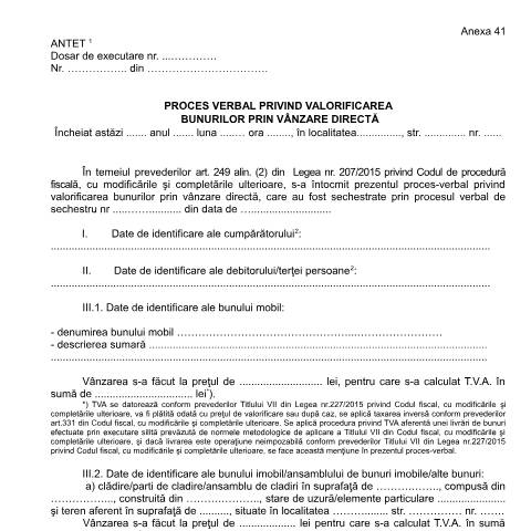 Document preview: Proces-verbal privind valorificarea bunurilor prin vânzare directă (OPANAF 63/2017) — Documente emise, România (CERFA n°A41_OPANAF_63_2017)