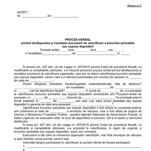 Document preview: Proces-verbal privind desfășurarea și rezultatul procedurii de valorificare a bunurilor perisabile sau supuse degradării (OPANAF 1517/2017) — Documente emise, România (CERFA n°A3_OPANAF_1517_2017)