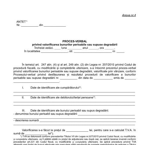 Document preview: Proces-verbal privind valorificarea bunurilor perisabile sau supuse degradării (OPANAF 1517/2017) — Documente emise, România (CERFA n°A4_OPANAF_1517_2017)