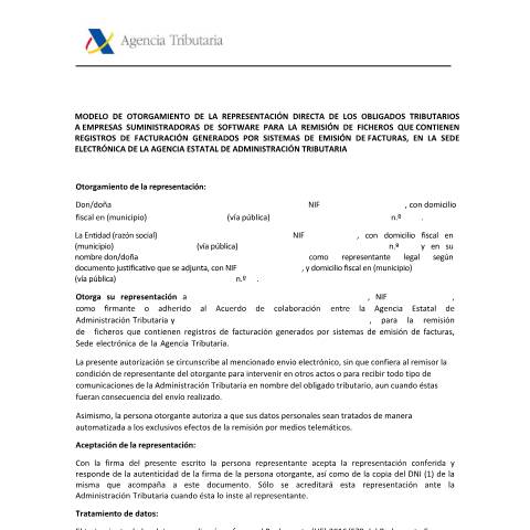 Vista previa del documento Modelo de otorgamiento de la representación directa de los obligados tributarios a empresas suministradoras de software para la remisión de ficheros que contienen registros de facturación generados por sistemas de emisión de facturas, en la Sede electrónica de la Agencia Estatal de Administración Tributaria. — AEAT — Modelos de representación / autorización, España