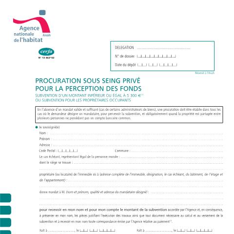 Aperçu du document Procuration en cas de désignation d'un mandataire (Anah) — Particuliers, France (CERFA n°13463*02)