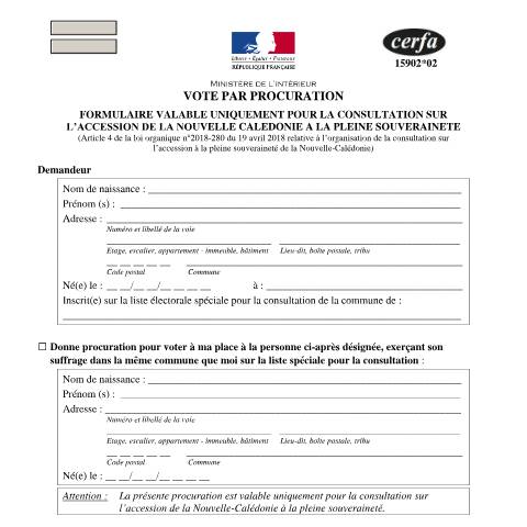 Aperçu du document Procuration - Consultation Nouvelle-Calédonie : accès à la pleine souveraineté — Particuliers, France (CERFA n°15902*02)