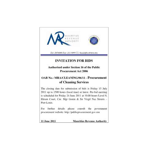 Document preview: Procurement of Cleaning Services (11.06.2011) — Notice / Circular, Mauritius (CERFA n°CommuniqueBidsCleaning)