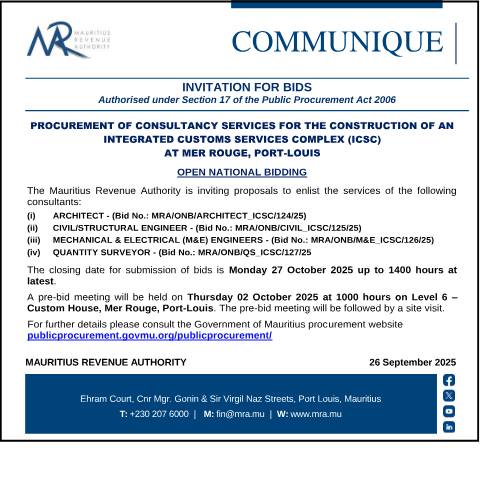 Document preview: Procurement of Consultancy Services for the Construction of an Integrated Customs Services Complex (ICSC) at Mer Rouge, Port-Louis (26.09.25) — Reference, Mauritius (CERFA n°BidsICSC260925)