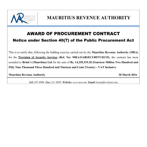 Document preview: Award of Procurement Contract (30.03.16) — Document, Mauritius (CERFA n°Procurement300316)