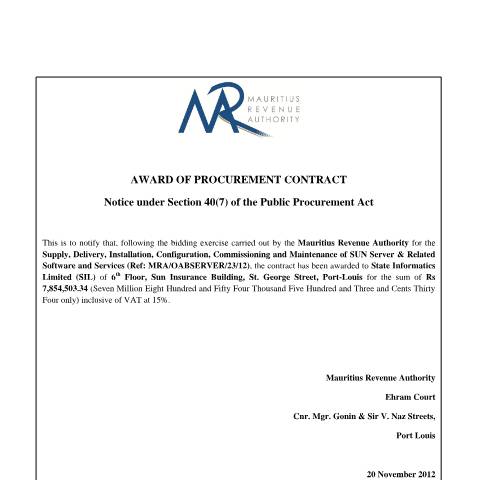 Document preview: Award of Procurement Contract (20.11.2012) — Document, Mauritius (CERFA n°NoticeAwardforSun)