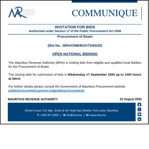 Document preview: Procurement of Boats (Bid No.: MRA/ONB/BOATS/84/25) (22.08.25) — Document, Mauritius (CERFA n°ProcurementofBoats220825)