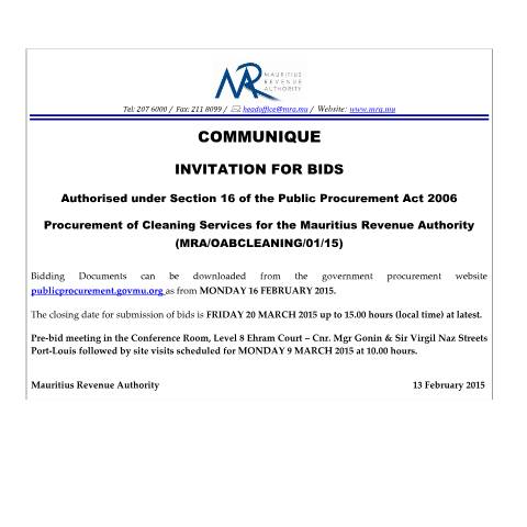 Document preview: Procurement of Cleaning Services for the Mauritius Revenue Authority (13.02.15) — Document, Mauritius (CERFA n°AdvertCleaning130215)