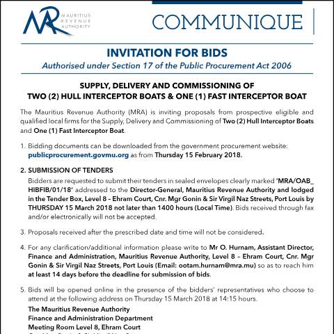 Document preview: Supply, Delivery and Commissioning of Two (2) Hull Interceptor Boats &amp; One (1) Fast Interceptor Boat (19.02.18) — Document, Mauritius (CERFA n°InvitationBids190218)