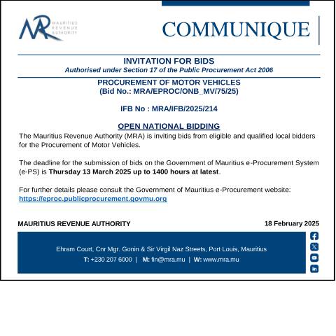 Document preview: Procurement of Motor Vehicles (Bid No.: MRA/EPROC/ONB_MV/75/25) (18.02.25) — Document, Mauritius (CERFA n°Bids180225)