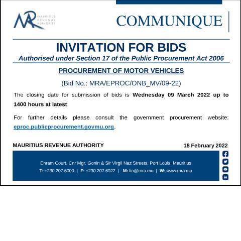 Document preview: Procurement of Motor Vehicles — Notice / Circular, Mauritius (CERFA n°CommuniqueProcurement180222)