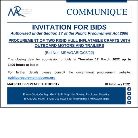 Document preview: Procurement of Two Rigid Hull Inflatable Crafts with Outboard Motors and Trailers — Notice / Circular, Mauritius (CERFA n°Communique180222)