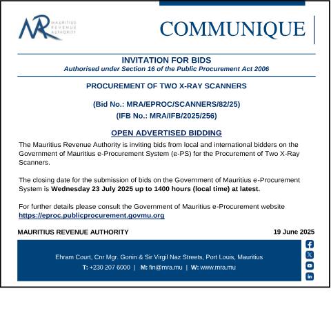 Document preview: Procurement of Two X-Ray Scanners (19.06.25) — Notice / Circular, Mauritius (CERFA n°Communique180625)