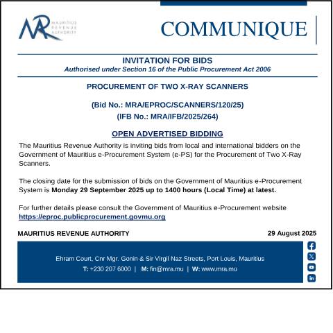 Document preview: Procurement of two X-Ray Scanners (Bid No.: MRA/EPROC/SCANNERS/120/25) (29.08.25) — Document, Mauritius (CERFA n°BidXRay290825)