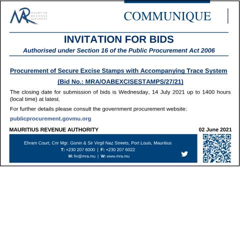 Document preview: Procurement of Secure Excise Stamps with Accompanying Trace System (02.06.21) — Document, Mauritius (CERFA n°InvitationToBids020621)