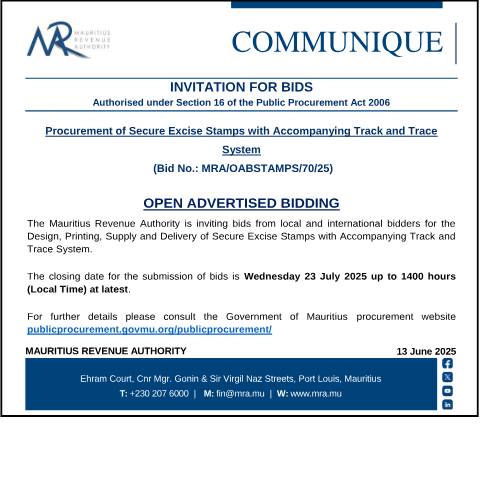 Document preview: Procurement of Secure Excise Stamps with Accompanying Track and Trace System (13.06.25) — Notice / Circular, Mauritius (CERFA n°Communique130625)