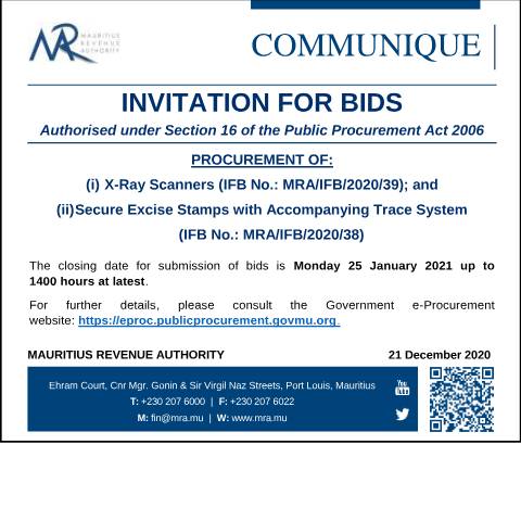 Document preview: Procurement of X-Ray Scanners and Secure Excise Stamps with Accompanying Trace System (21.12.20) — Document, Mauritius (CERFA n°Procurement211220)
