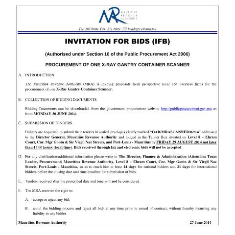 Document preview: Procurement of one X-Ray Gantry Container Scanner (27.06.14) — Document, Mauritius (CERFA n°XRay)